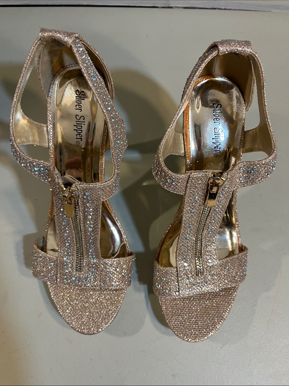 Dream Pairs Rose Gold Glitter T-Strap Heels with Rhinestones